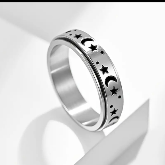 Casual Moon Star Sun Stainless Steel Rotating Fidget Band Ring, Sz 11 - Picture 5 of 6